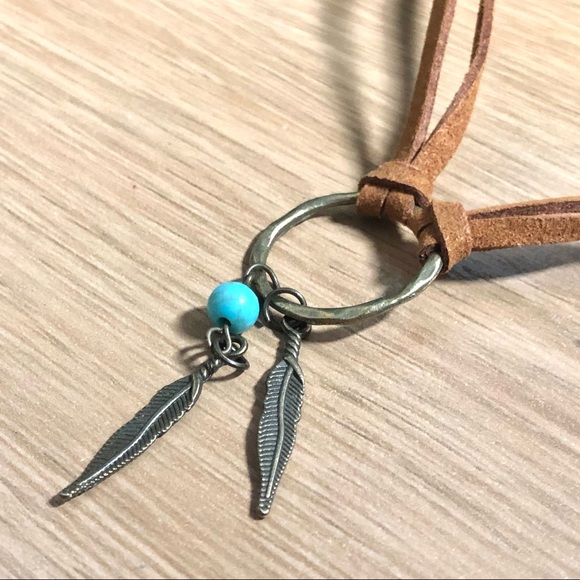 Vegan Leather Turquoise Feather Charm Choker - Picture 6 of 6